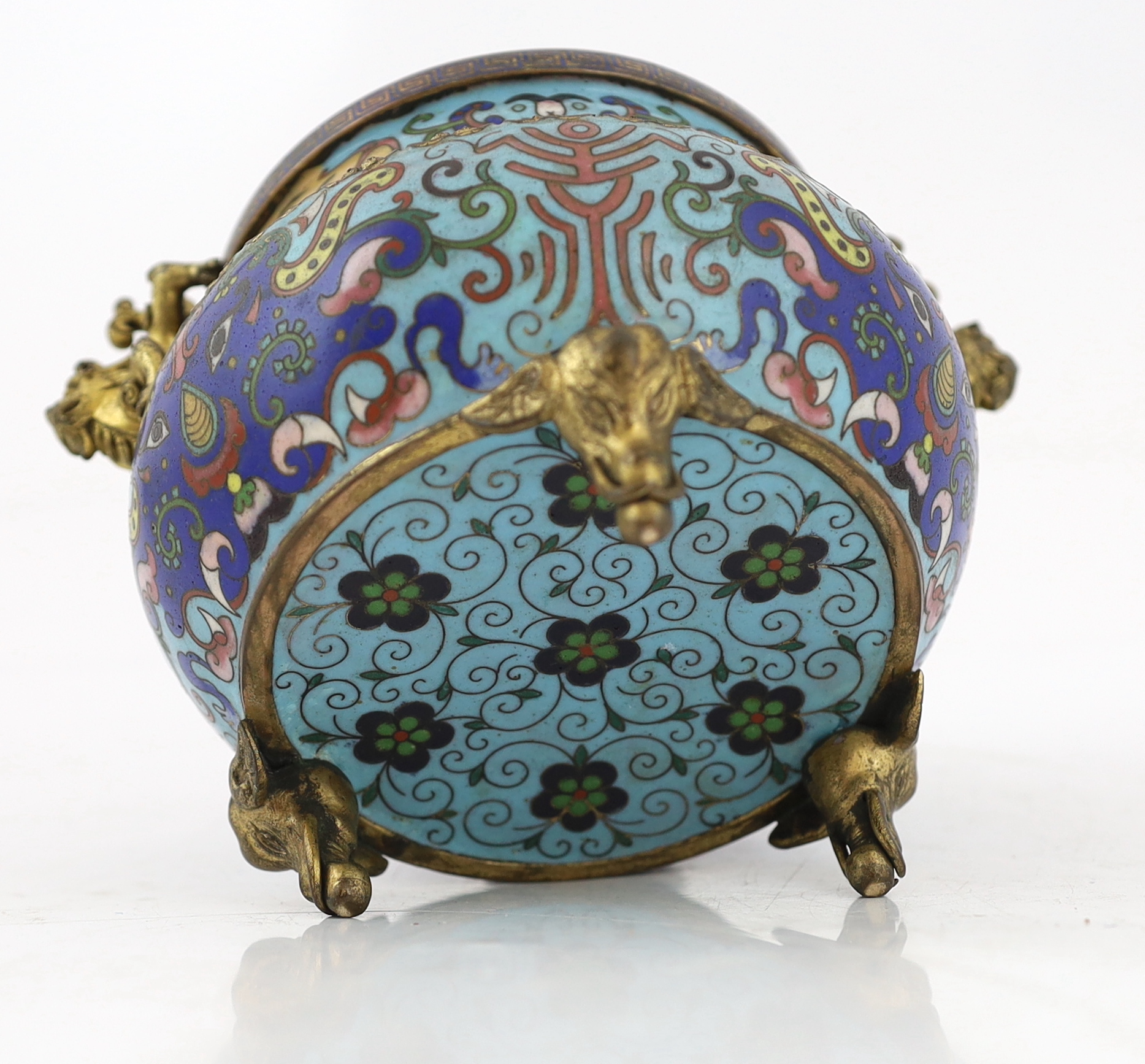 A Chinese cloisonné enamel and gilt bronze mounted censer and cover, 19th century, minor damage